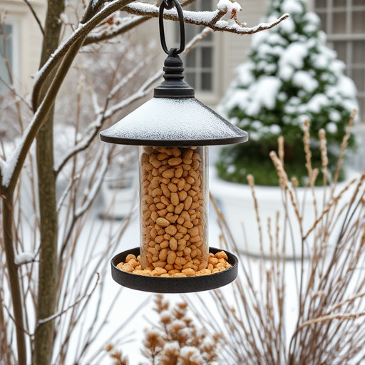 Peanut feeder surrounded by winter garden scenery