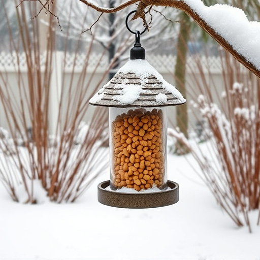 Peanut feeder surrounded by winter garden scenery