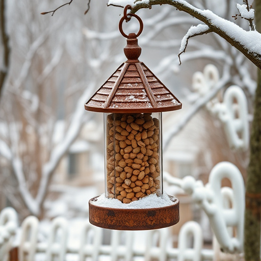 Peanut feeder surrounded by winter garden scenery