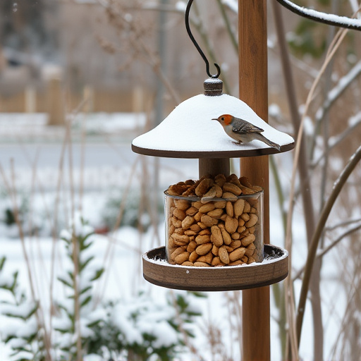 Peanut feeder surrounded by winter garden scenery