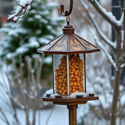 Peanut feeder surrounded by winter garden scenery