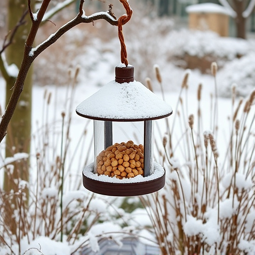 Peanut feeder surrounded by winter garden scenery