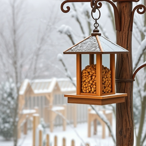 Peanut feeder surrounded by winter garden scenery