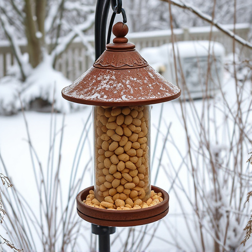 Peanut feeder surrounded by winter garden scenery