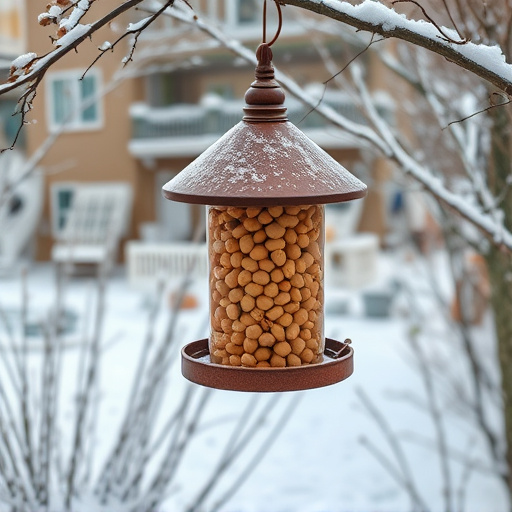 Peanut feeder surrounded by winter garden scenery
