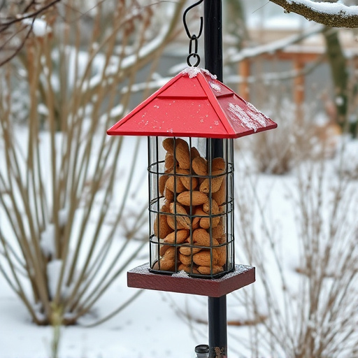 Peanut feeder surrounded by winter garden scenery