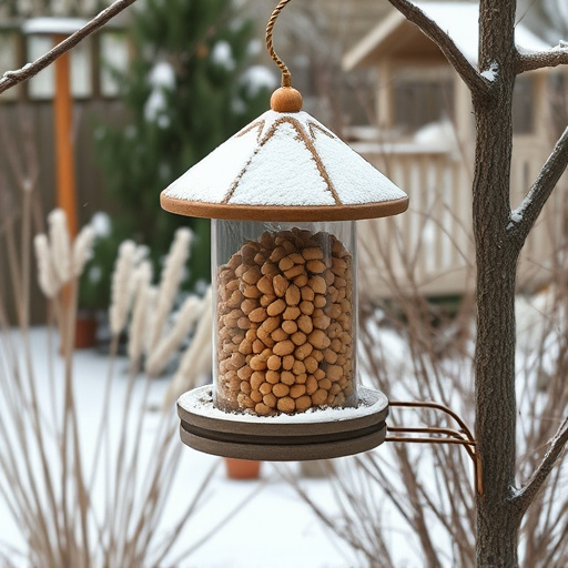 Peanut feeder surrounded by winter garden scenery