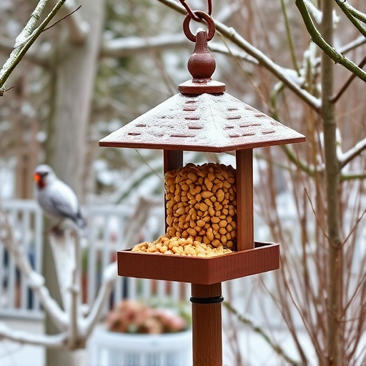 Peanut feeder surrounded by winter garden scenery