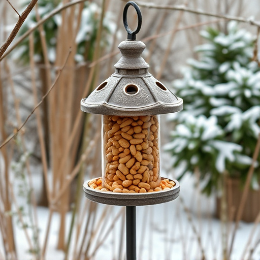 Peanut feeder surrounded by winter garden scenery