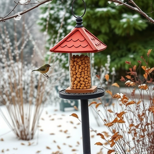Peanut feeder surrounded by winter garden scenery