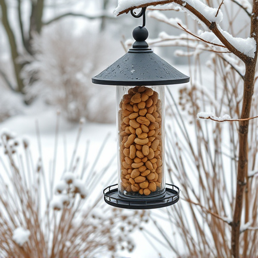 Peanut feeder surrounded by winter garden scenery