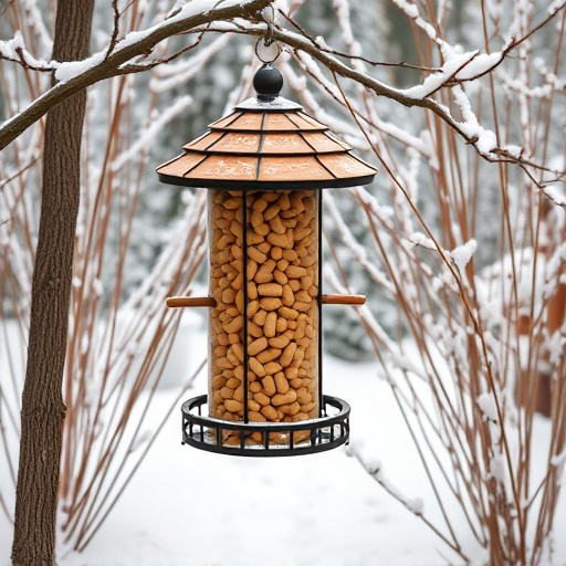 Peanut feeder surrounded by winter garden scenery