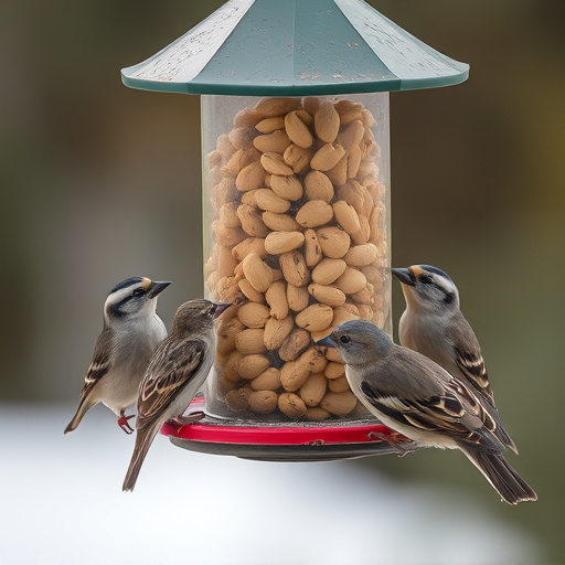 Peanuts in feeder surrounded by sparrows