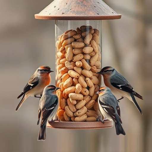 Peanuts in feeder surrounded by sparrows