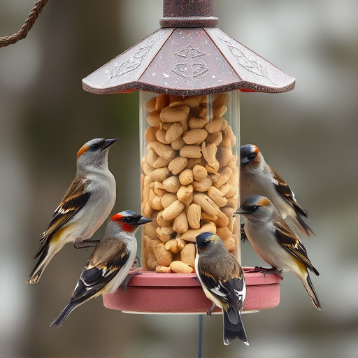 Peanuts in feeder surrounded by sparrows
