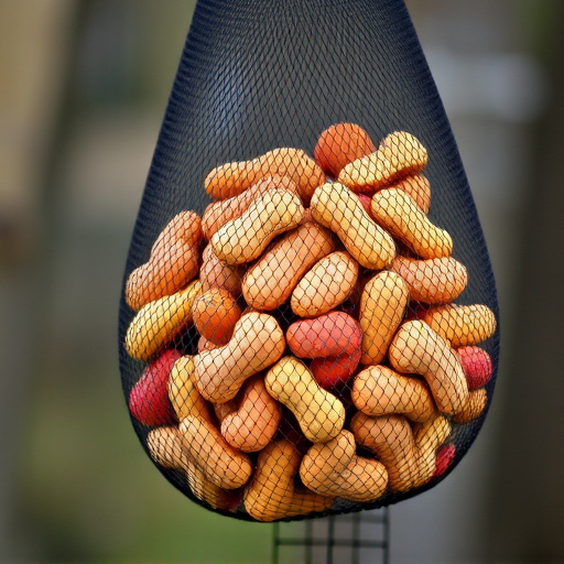 Peanuts in mesh bird feeder bag
