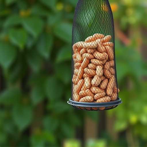 Peanuts in mesh feeder hanging outdoors
