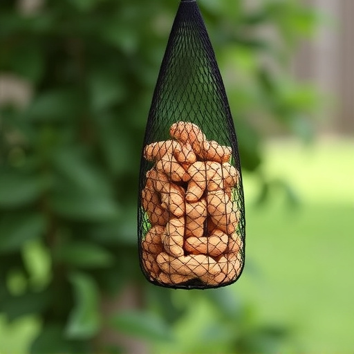 Peanuts in mesh feeder hanging outdoors