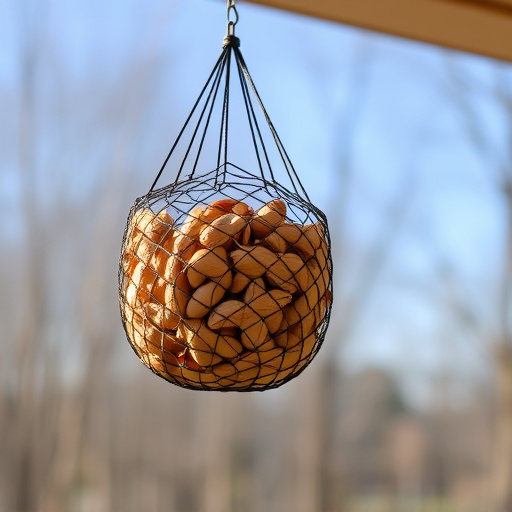 Peanuts in mesh feeder hanging outdoors