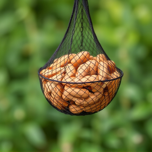 Peanuts in mesh feeder hanging outdoors