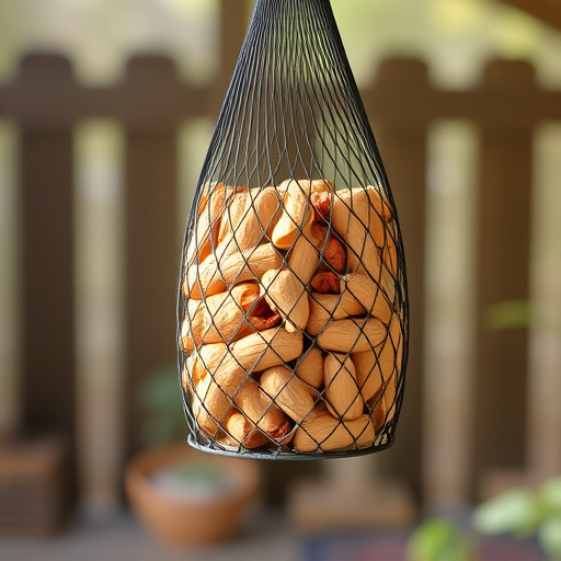 Peanuts in mesh feeder hanging outdoors