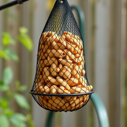 Peanuts in mesh feeder hanging outdoors