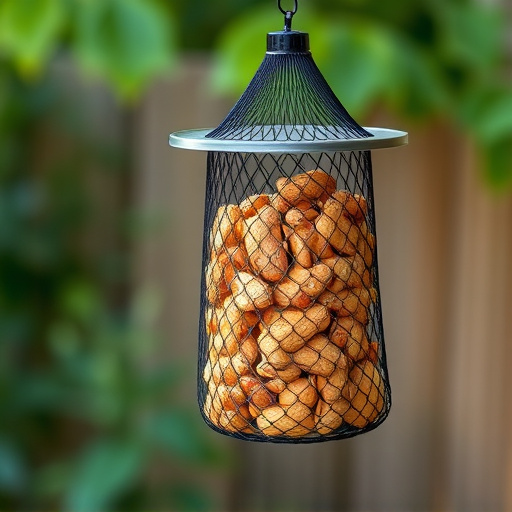 Peanuts in mesh feeder hanging outdoors