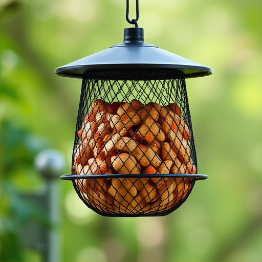 Peanuts in mesh feeder hanging outdoors