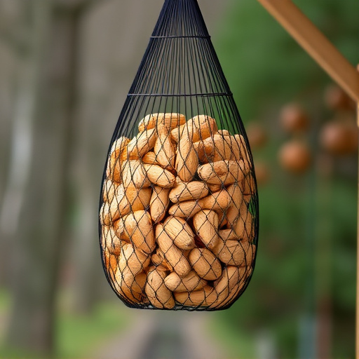 Peanuts in mesh feeder hanging outdoors