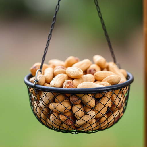 Peanuts offered in mesh bird feeder
