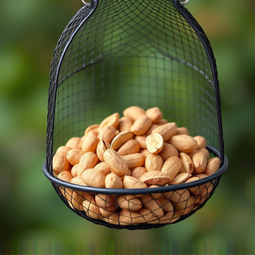 Peanuts offered in mesh bird feeder