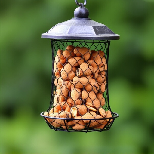 Peanuts offered in mesh bird feeder