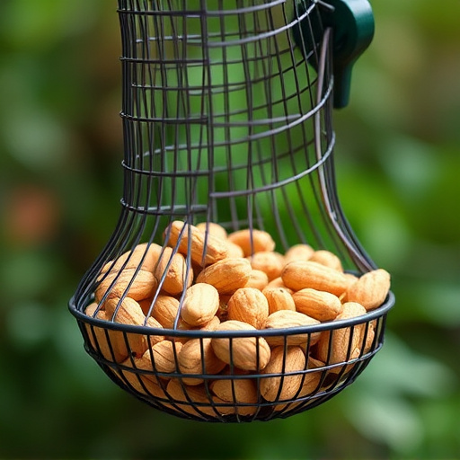 Peanuts offered in mesh bird feeder