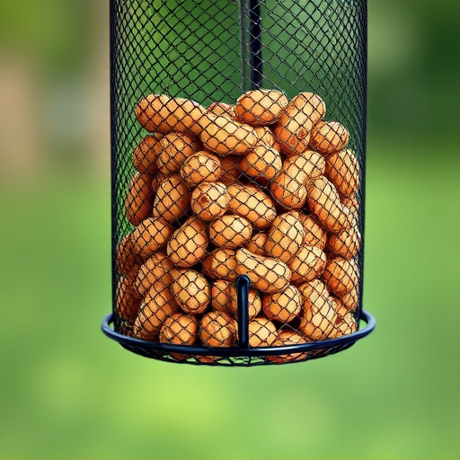 Peanuts offered in mesh bird feeder