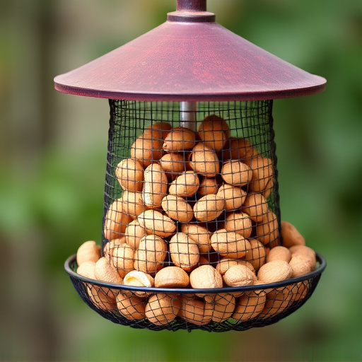 Peanuts offered in mesh bird feeder