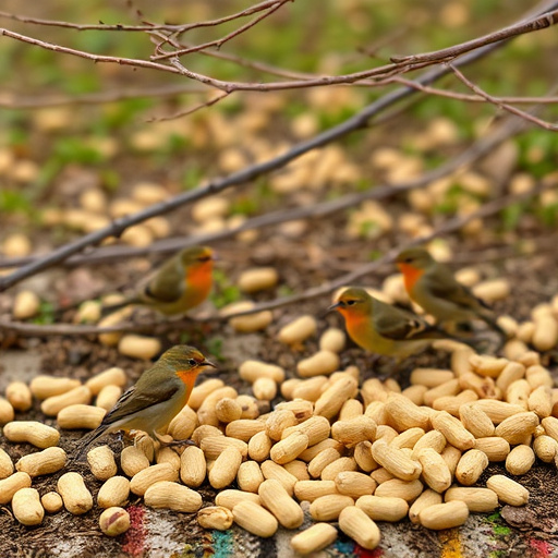 Peanuts scattered for visiting birds