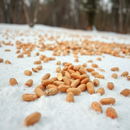 Peanuts scattered on snowy ground