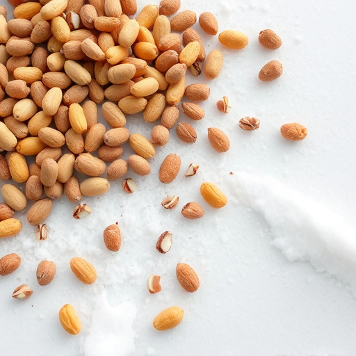 Peanuts scattered on snowy ground
