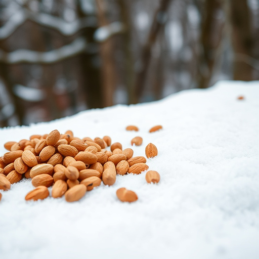 Peanuts scattered on snowy ground