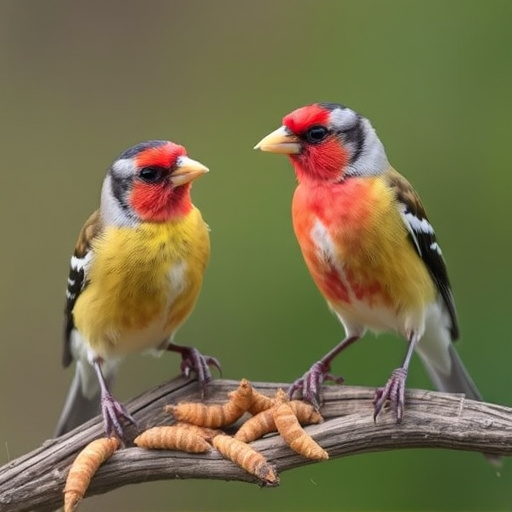 Perching finches enjoying dried mealworms