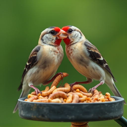 Perching finches enjoying dried mealworms