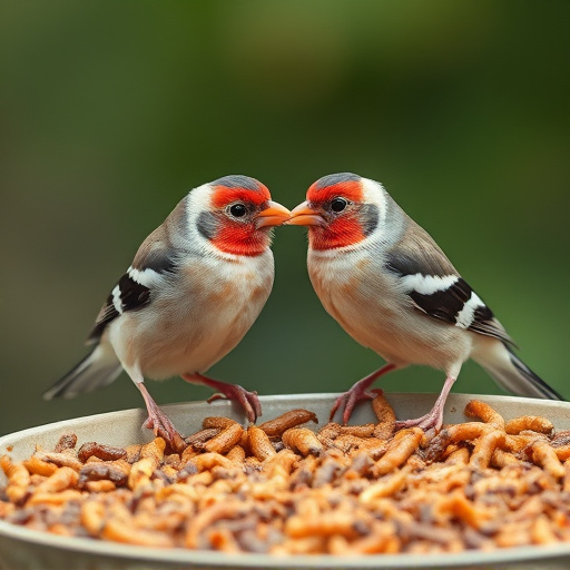 Perching finches enjoying dried mealworms