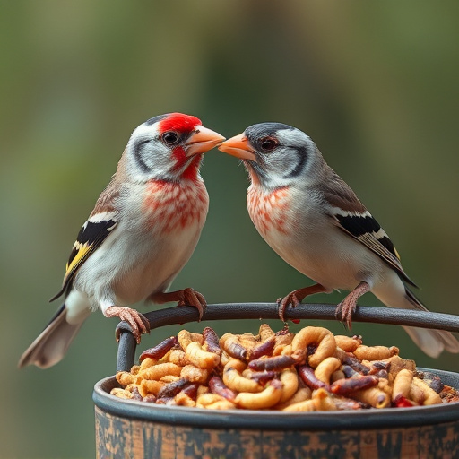 Perching finches enjoying dried mealworms