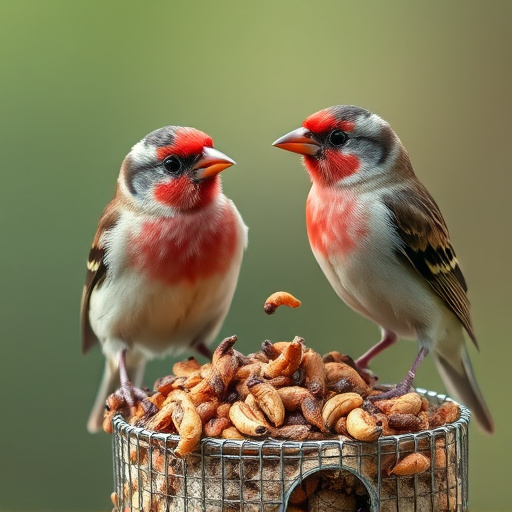 Perching finches enjoying dried mealworms