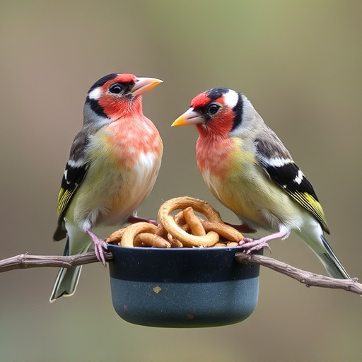 Perching finches enjoying dried mealworms