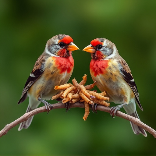 Perching finches enjoying dried mealworms
