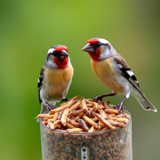 Perching finches enjoying dried mealworms
