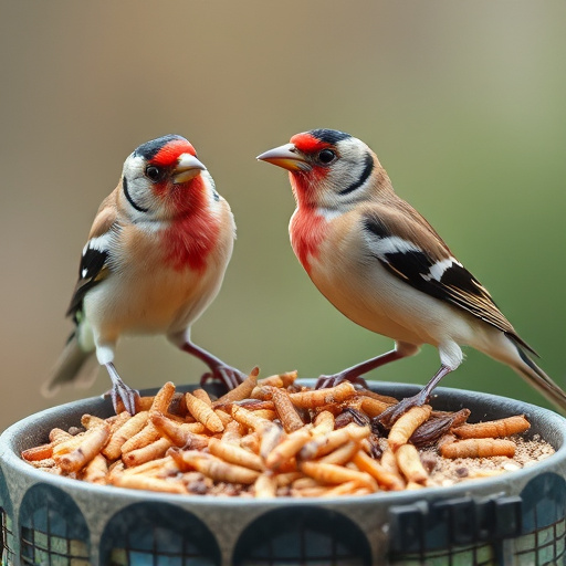 Perching finches enjoying dried mealworms