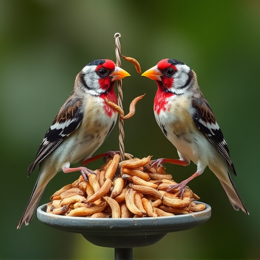 Perching finches enjoying dried mealworms