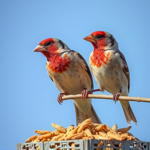 Perching finches enjoying dried mealworms